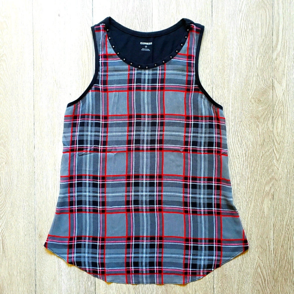 NWOT Express plaid semi sheer red gray tank top size Small preppy classic